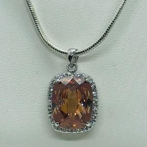Sterling Silver Champagne Cubic Zirconia Halo Pendant & 16” Long Snake Chain